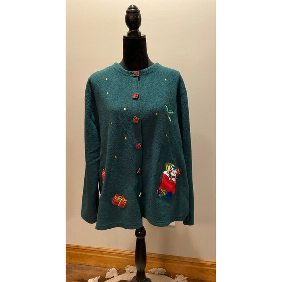 Vintage Fleece Green Jacket Unique Gift Buttons Appliqué Christmas Scene Sz 2X - Picture 3 of 10